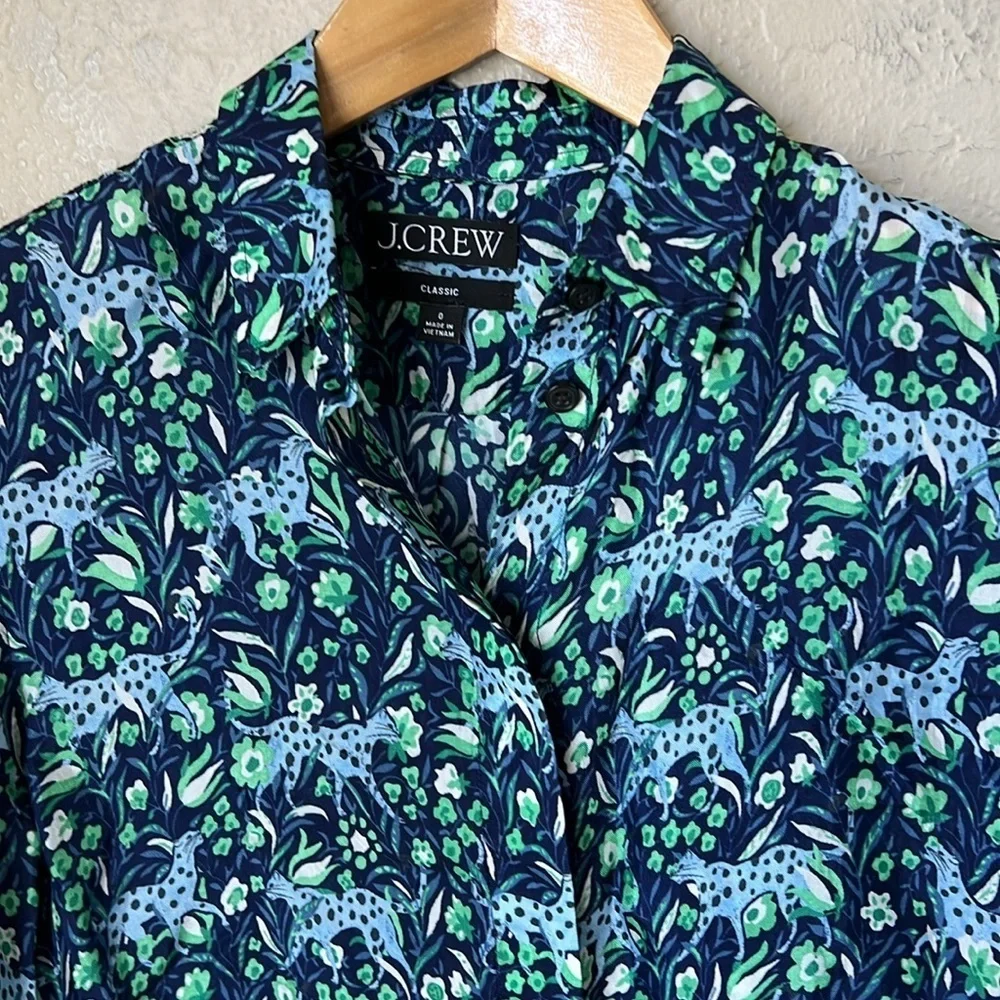 J. Crew blue and green floral leopard button down blouse